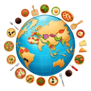 Icon for Gastronomic Tourism: a globe with various cuisines from around the world, such as pizza, sushi, tacos, and pasta, surrounded by food-related travel elements like a fork, knife, and map. Transparent background. sticker