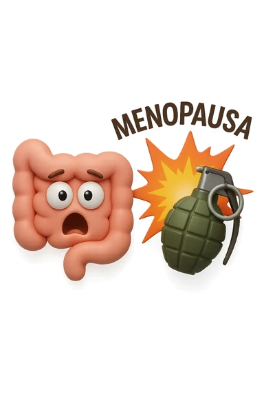 EMOJI STILE IPHONE 3D DI INTESTINO 3D CON ESPRESSIONE SCIOCCATA IN VOLTO MENTRE ACCANTO A LUI SCOPPIA UNA GRANATA 3D CON LA SCRITTA "MENOPAUSA" SOPRA, FAGLI ANCHE LA PARTE BIANCA DEGLI OCCHI, NON SOLO LA PUPILLA sticker