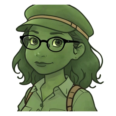 Girl with black wavy hair with glasses ending in the upper corners on peak dressed in safari sticker