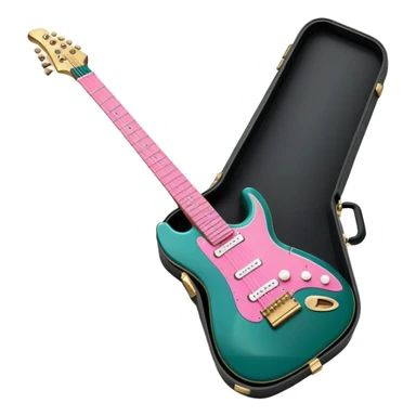 minimalist electric guitar in dark green with pink and blue stripe decal, closed inside a black rectangular hard case with gold latches, flat semi-3D style, soft matte textures, simplified details, stylized decal accent, ready-to-play symbol sticker