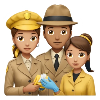 A cleaning Lady with Brown hair, high ponytail and yellow cleaning gloths is Talking to a Detektive (a man) with beige hat, a beige coat and he is interviewing the cleaning Lady sticker