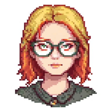 A red-haired girl with blond eyebrows and square glasses sticker