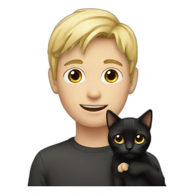 Boy with blonde hair holding a black cat sticker