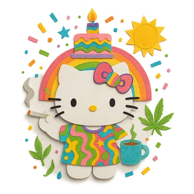 psychedelic maximalist birthday, Hello Kitty, Sunny in Philadelphia, coffee, cigarettes, weed, giant cake, confetti, rainbow palette, trippy patterns sticker