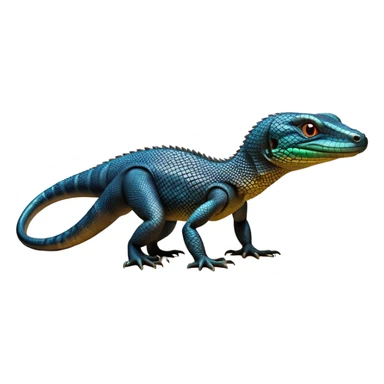 cinematic-monitor-lizard-realistic-full-body-standing on all fours-emoji,-long-powerful-tail-dragging-slightly-behind,-sleek-scaled-body-textured-with-rich-patterns,-head-tilted-dramatically,-dark-intense-eyes-observing-its-surroundings,-simplified-yet-realistic-focused-features,-highly-detailed,-glowing-with-an-almost-sarcastic-glow sticker