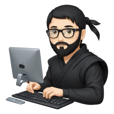 Man with black hair and beard wearing glasses in a ninja costume. Keep the top left version, make the beard longer and replace the sword on his with a computer keyboard  sticker