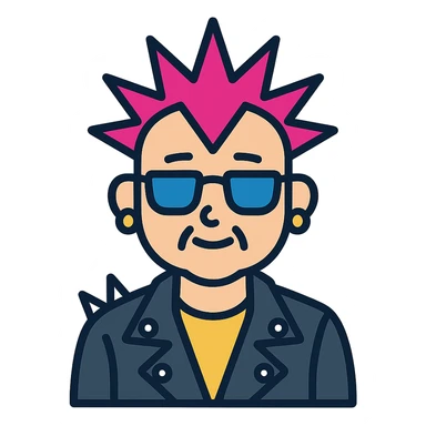 A punk grandma with a leather jacket, spiked hair, and sunglasses sticker