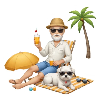 white man grey hair beard holding a white Maltese relaxing on a beach full body 1 dog sticker