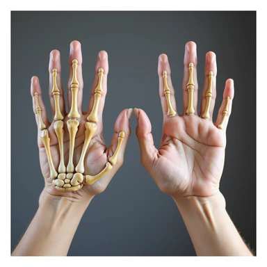 human hands and pig hooves side by side, transparent overlay showing similar bone structure of fingers and toes, illustrative hyperrealistic 4K sticker