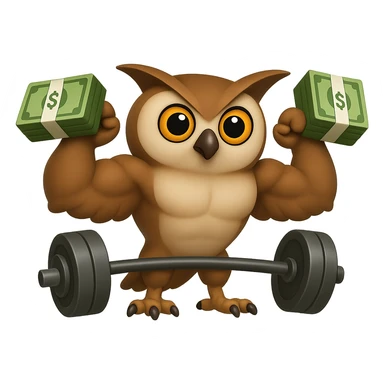В стилистике эмоджи сгенерируй сову-штангистку. Она с накачанными крыльями пытается поднять штангу, с блинами в виде пачек зеленых купюр, прозрачный фон sticker