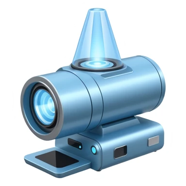 Flat emoji of a wrist-mounted hologram projector emitting a soft blue light cone, simple shapes, modern sci-fi style sticker