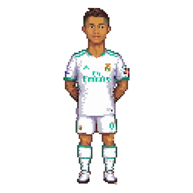 Cristiano Ronaldo in a Real Madrid uniform, pixel art style, with transparent background. sticker