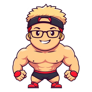 Man with black and white cap, shirtless muscular body, red shorts, clear glasses, messy light blond mullet hairstyle, flexing muscles and smiling sticker