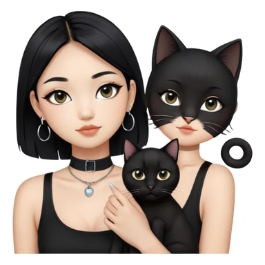 Asian cool girl, black hair.  Holding two BLACK cats. one cat has a round fat face, the other one has a slightly slimmer face. Both pure black.  The girl also wearing a black singlet, a black chocker, silver round hook earring, and wearing eyeliner.  sticker