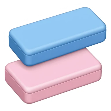 classic dual-color eraser, one half soft pink and the other blue, slightly beveled ends, matte texture, lightly rounded corners, used but clean surface, no branding, pencil, or paper, soft lighting, subtle shadows, emoji scale sticker
