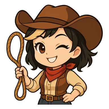 Edit the chibi cowgirl to have new anime-style eyes, holding a rope (lasso) in her left hand, right hand on her hip, with a big confident smile and a playful wink. Keep the cowboy hat, outfit, and chibi/anime style. Transparent background, sized for Twitch or Discord use. sticker