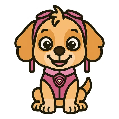 Puppy Patrol Sky emoji, sitting pose, smiling, colorful icon style sticker