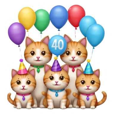 six cats at a 40th birthday party, one cat holding a '40' balloon, cheerful, emoji style sticker