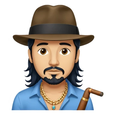 Man with black long wavy hair, brown eyes, tan skin and light black goatee blue shirt fedora hat gold chains with a cigar sticker