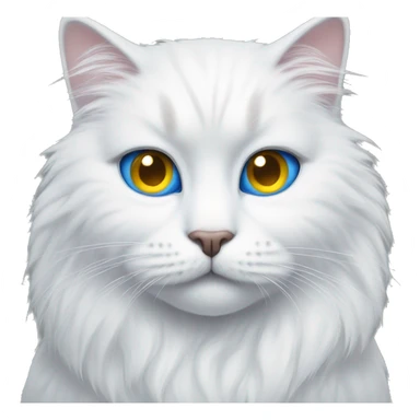 white furry cat with one blue eye and one yellow eye sticker