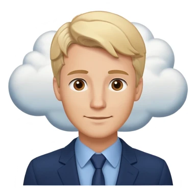 Expressive ,Blond man with brown eyes,warm smile, curious, cartoon style,navy-blue, background has thought clouds elegant 💭 sticker