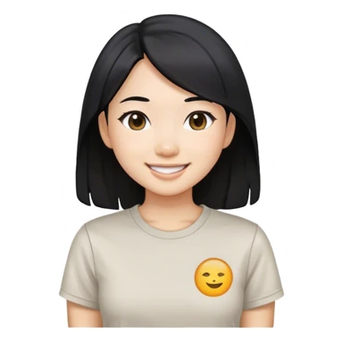 an asian girl with straight black hair, slight waves, smiling, wearing tshirt sticker