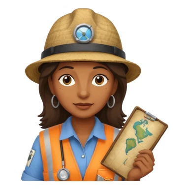 brown-skinned woman archaeologist, 55, wearing an archaeologist hat, small map beside sticker