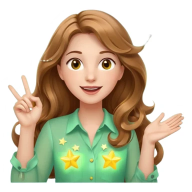 Joyful and imaginative woman with fair skin, long wavy light brown hair, hazel eyes, wearing a light green blouse with yellow accents, holding a glowing lightbulb and gesturing outward. Surrounded by stars, sparkles, speech bubbles, a paper plane, and a small heart. Waist-up, front-facing sticker