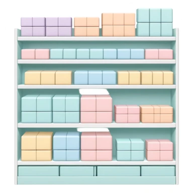 "Minimalist Japanese retail shelf display, products aligned identically across horizontal rows, vertically varied by type, clean spacing, precise symmetry, soft neutral lighting, aesthetic composition, highly organized, front-facing packages, ultra-detailed." sticker
