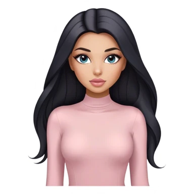 Glamours, tanned, very beautiful girl, with big pump peach-beige-rose lips, long long lashes, black straight smooth silky long hair, straight parting hair, blue-grey eyes in light pink long-sleeves bodysuit sticker