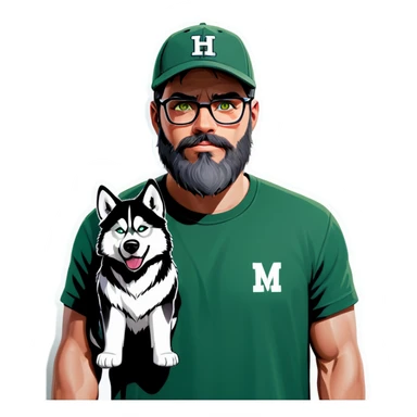 A bold man with a grey baseball cap, green eyes, big beard and glasses next to a husky dog sticker