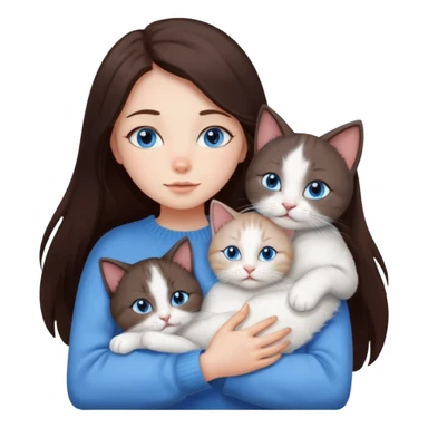 a girl with long dark 
brown hair, with blue eyes, in a
white sweater, hugs 3 different natural coloured cats sticker