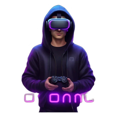 Russian man wearing a black hoodie with "OMG" letters on it and VR headset in a cyberpunk VR environment with violet neon lighting. sticker
