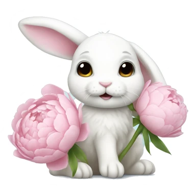 cute white bunny holding light pink peonies sticker