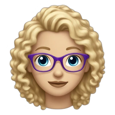 caucasian curly blonde long haired blue eyed woman with purple t-shirt and black glasses sticker