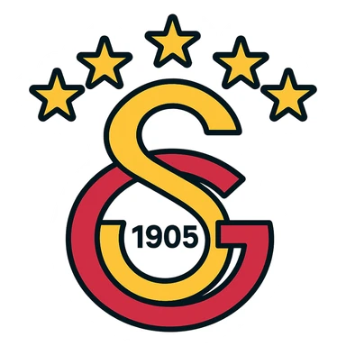 Modern Galatasaray logo, 5 stars on top, yellow and red, minimalistic, color outline icon style sticker