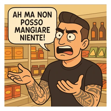 Transform this person into a cartoon-style emoji: a man complaining in a supermarket with an exasperated expression, saying "Ah ma non posso mangiare niente!". Background with supermarket shelves. The atmosphere is ironic and caricatural, in a western adult animation cartoon style. sticker
