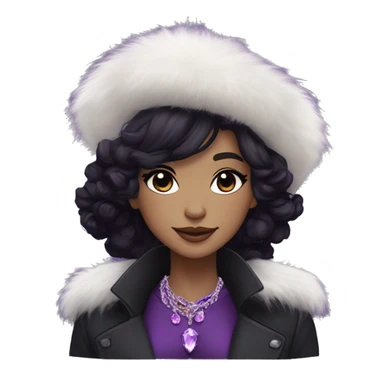 black hair,pale, long messy hairstyle, beret hat, purple eyes, smile, long black trench coat with white fur around the neck, purple crystal earrings, purple crystal necklace, black pants sticker