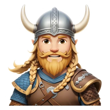 Clash of Clans aesthetic: Cinematic Cheerful Viking Portrait Emoji, With a bright, confident smile and a relaxed, adventurous stance, showcasing a stylized, spirited build with a classic Viking helmet and braided hair, his natural skin tone lending authenticity, Simplified yet expressive features, highly detailed, glowing with a soft, golden Nordic radiance, high shine, upbeat and courageous, stylized with an air of classic Viking heroism, soft glowing outline, capturing the essence of a cheerful Viking ready to embark on legendary quests! sticker