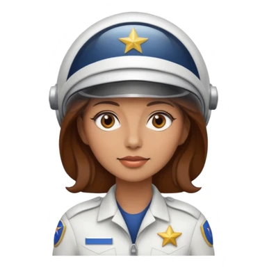 woman with brown hair and brown eyes.  space ship captain with white hat sticker