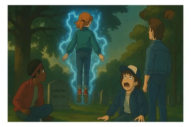 Max from Stranger Things levitating above a grave in a cemetery, back view, Lucas and Steve watching, Dustin with a shocked and scared expression, Ghibli style, wide aspect ratio (16:9), supernatural glowing effects, dramatic mood. sticker