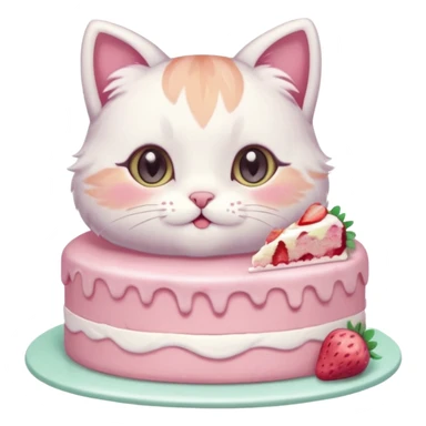 A cute cat happily eating a slice of strawberry cake, pastel color palette, soft shading, big sparkling eyes, kawaii style, highly detailed digital illustration, cozy atmosphere
, sticker