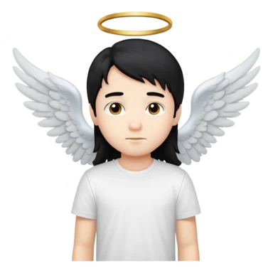 angelic boy with long black hair, white t-shirt, angel wings sticker