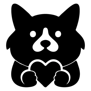 Transform this image into a clean, modern logo of a stylized dog holding a heart in its mouth. Use minimal lines and bold shapes suitable for branding. No background, transparent. sticker