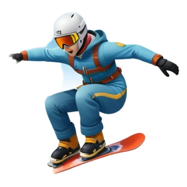 An icon showing a snowboarder performing an exciting jump on a snow-covered slope. The background features towering mountains, snow-covered trees, and a bright, clear sky. Transparent background highlights the speed, agility, and thrill of snowboarding. sticker