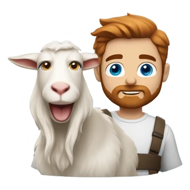 Man holding a goat, redish hair redish scruffy beard, blue eyes, wearing a superman costume sticker