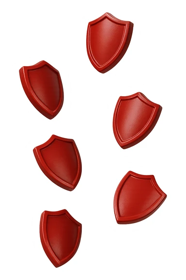 6 scudi 3d rossi che simboleggiano "difesa e protezione", cadono dall'alto casualmente, realistici in 3d, iperrealistico 4k sticker