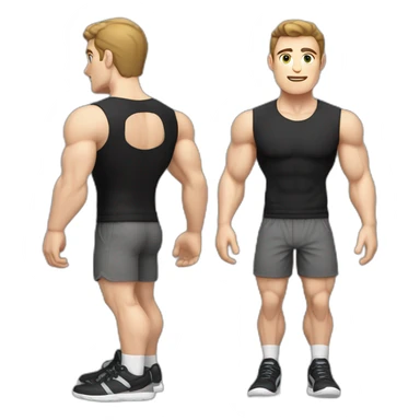 Pale skinned Fit Man With the biceps and dark brown hair in black shirt, gray sports shorts and white Sneakers sticker
