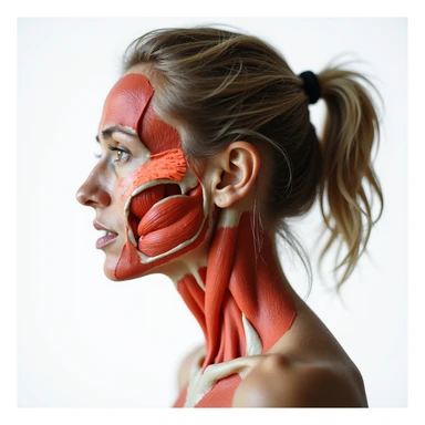 realistic anatomical side view of a woman with head and neck muscles highlighted, forehead or temples reddened, suffering expression, white background sticker
