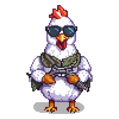 chicken with sunglasses and a gun sticker